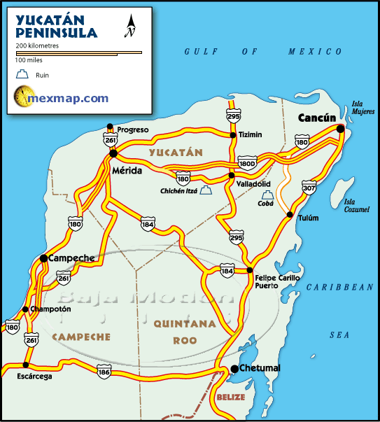 Merida Yucatan Mexico Highways Map / Road Map